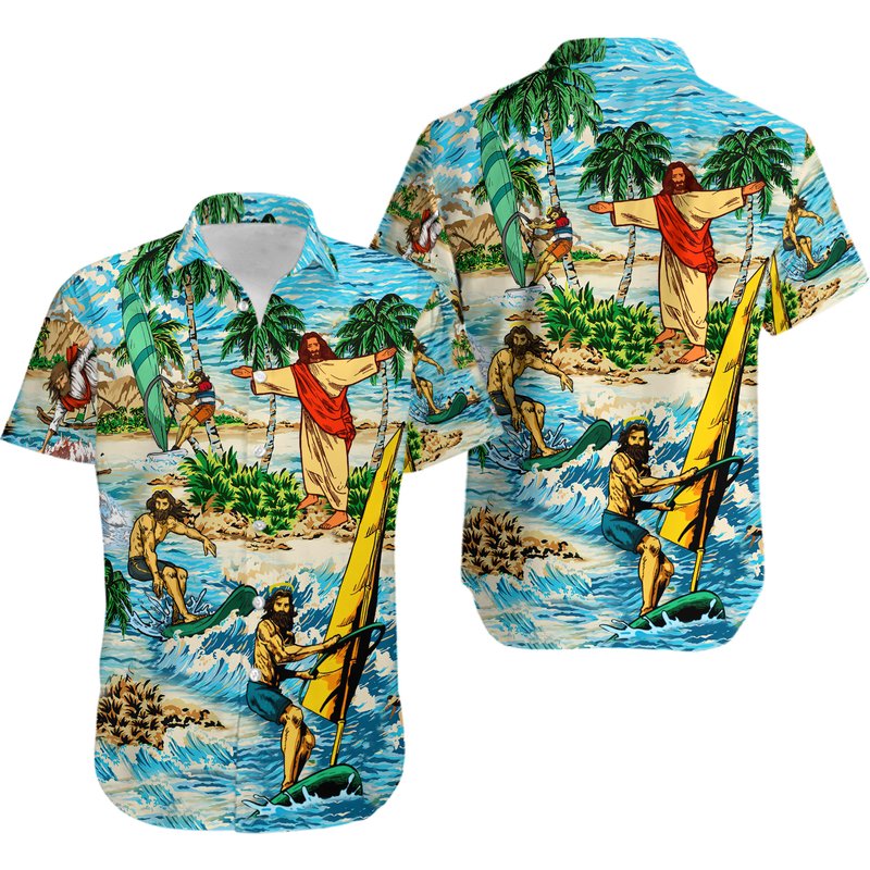 Jesus Surfing Summer Tropical Aloha Hawaiian Shirt — Chemises décontractées pour hommes