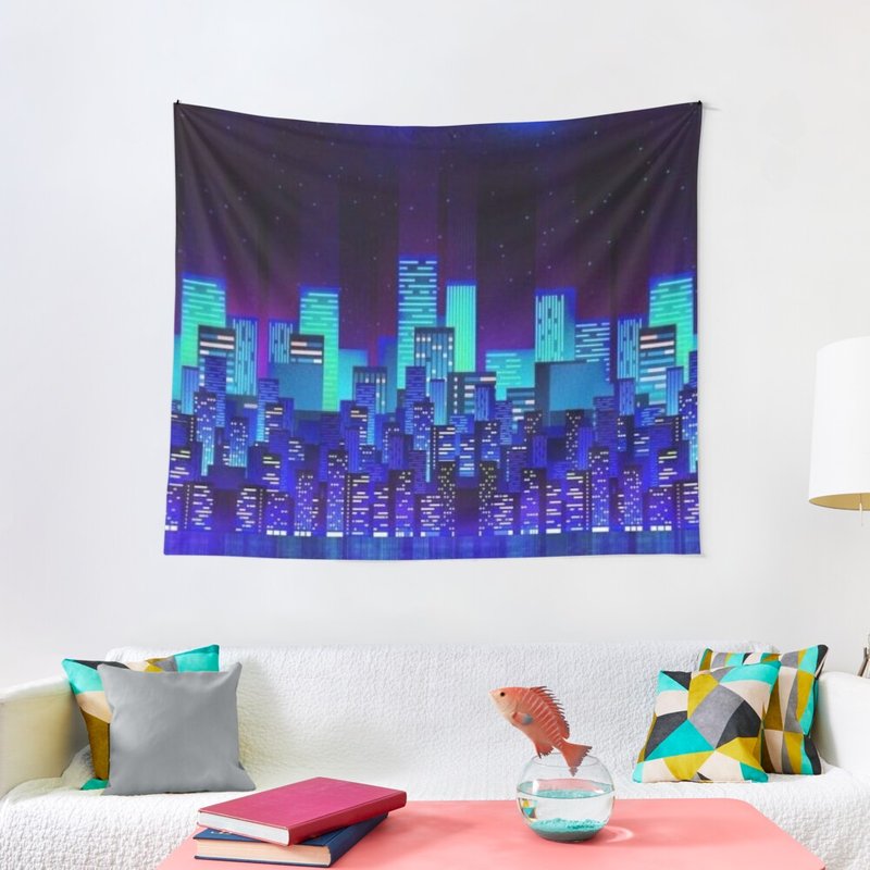 Synthwave City - Blue Tapestry — Tapisseries murales