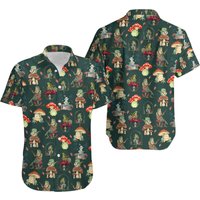 Mushroom And Frog Hawaiian Shirts For Men, Frog Playing Banjo On Mushroom — Mens Casual Shirts