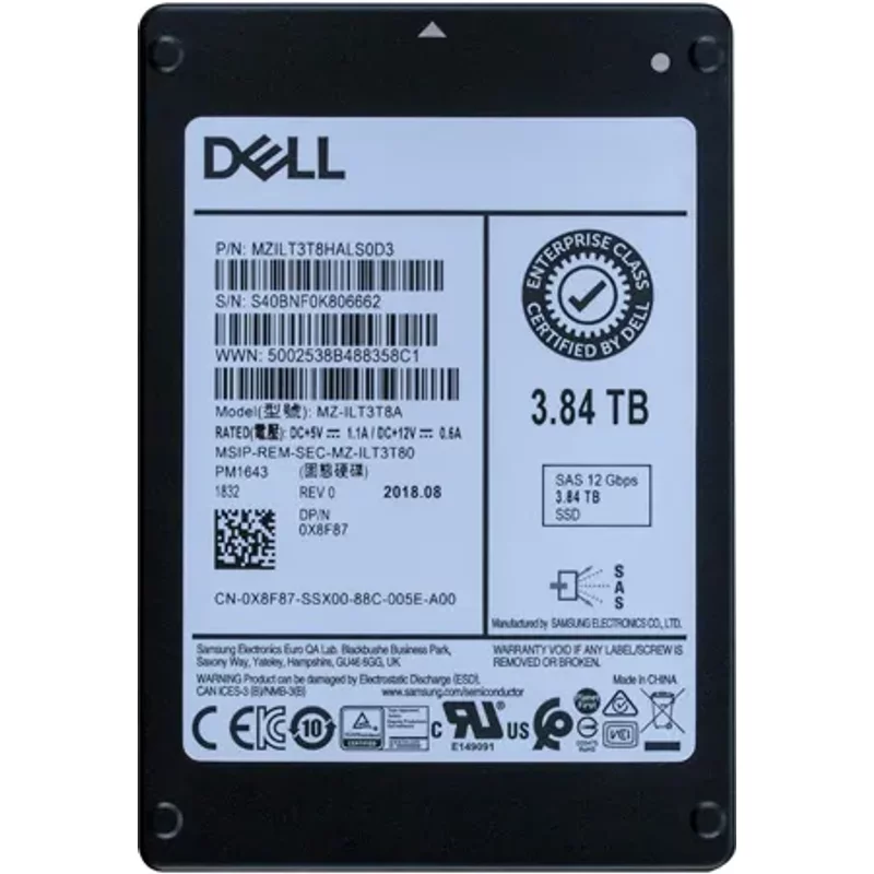 Dell X8F87 | 3.84TB 2.5-inch 12GB/s SAS Multi-Level Cell Read-Intensive Hot-Pluggable Solid State Drive for PowerEdge G14 - G16 Servers and Storage Arrays — Dis