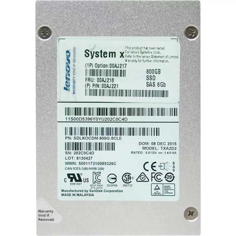 Lenovo 00AJ217 | 800GB Multi-Level Cell SAS 6Gb/s Hot Swappable 2.5-Inch Solid State Drive for System x3550 M5 — Data Storage Drives