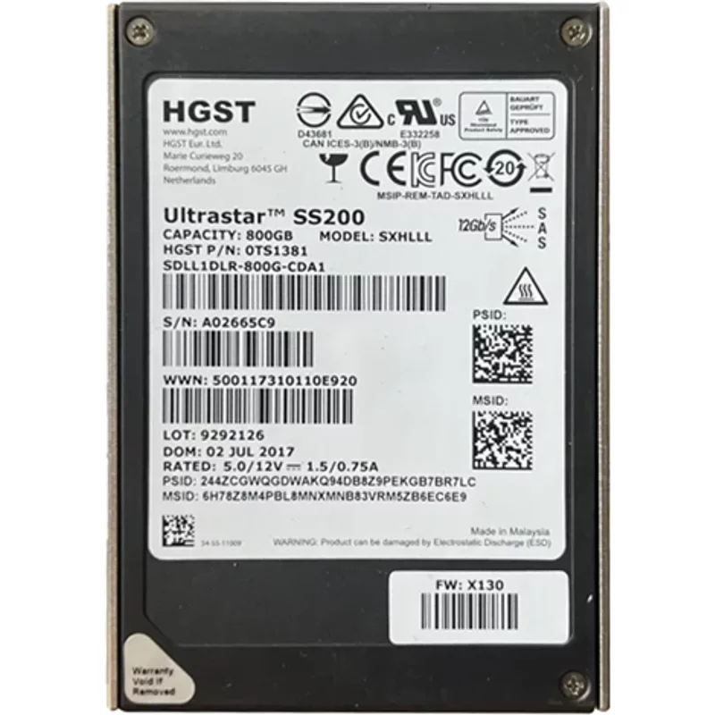 Hgst 0TS1381 | Ultrastar SS200 800GB Multi-Level Cell SAS 12Gb/s Mixed Use (SED/TCG Encryption) 2.5-Inch Solid State Drive