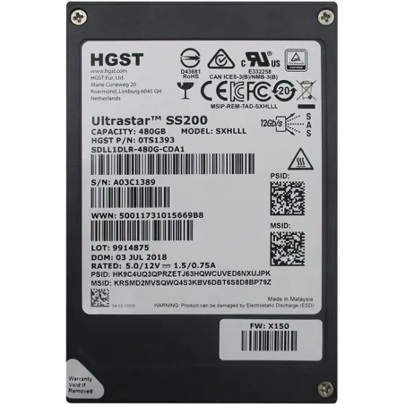 HGST 0TS1393 | Ultrastar DC SS200 Series 480GB Multi-Level Cell SAS 12Gb/s (TCG) 2.5-Inch Solid State Drive — Data Storage Drives