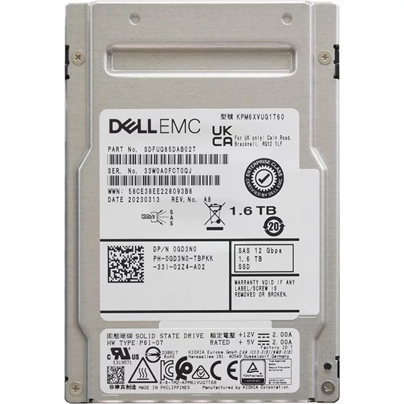 Dell 0GD3N0 | 1.6TB 2.5-inch 12GB/s SAS Triple-Level Cell Mixed-Use Hot-Pluggable Solid State Drive for PowerEdge G14 - G16 Servers and Storage Arrays — Disques