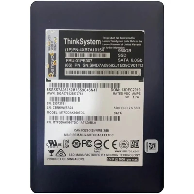 Lenovo 4XB7A10154 | 960GB TLC SATA 6GB/s Hot Swap AES-256 2.5-Inch Internal Solid State Drive for ThinkSystem 5200 — Disques de stockage