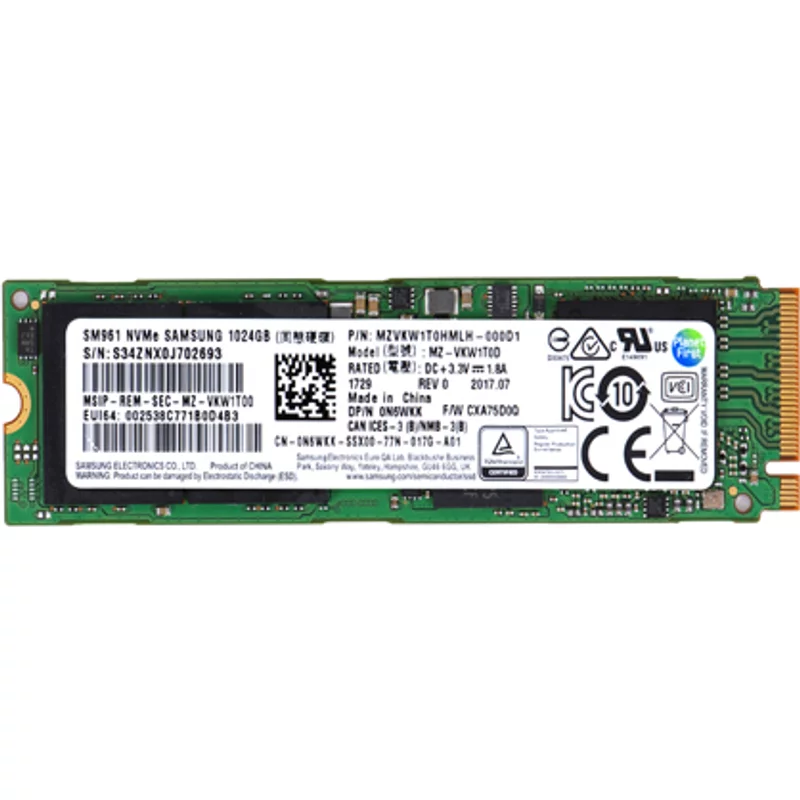 Samsung MZVKW1T0HMLH-000D1 | SM961 Series 1TB M.2 2280 PCI Express NVMe 3.0x4 Multi-Level Cell Solid State Drive — Data Storage Drives