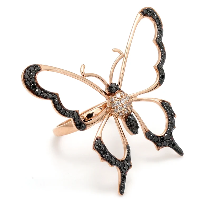 GemoneDiamonds Bague en diamant noir et blanc papillon taille ronde 0,80 carat en or jaune 10 carats — Anneaux empilables