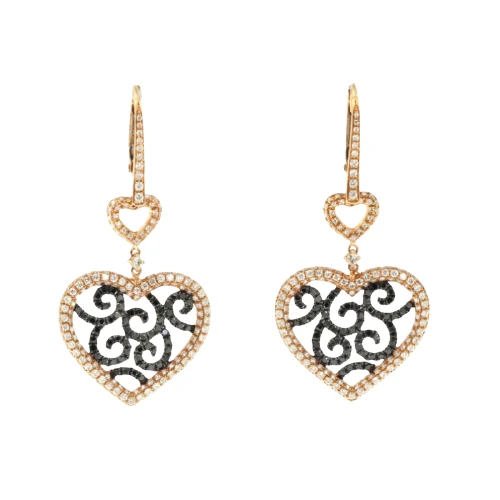 GemoneDiamonds Boucles d'oreilles pendantes en forme de cœur 3 carats avec diamants noirs et blancs en or jaune 10 carats — Boucles D'oreilles