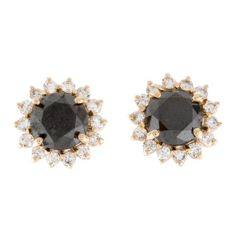 Boucles d'oreilles à tige halo de diamants noirs ronds GemoneDiamonds en or jaune 10 carats — Boucles D'oreilles