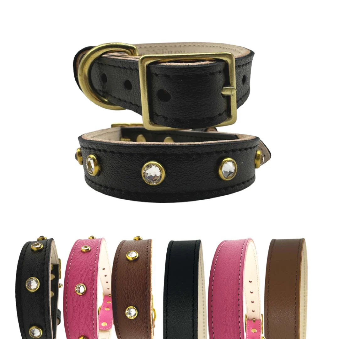 Plain Leather Dog Collar - With Crystal / Small / Black — Dog Collar