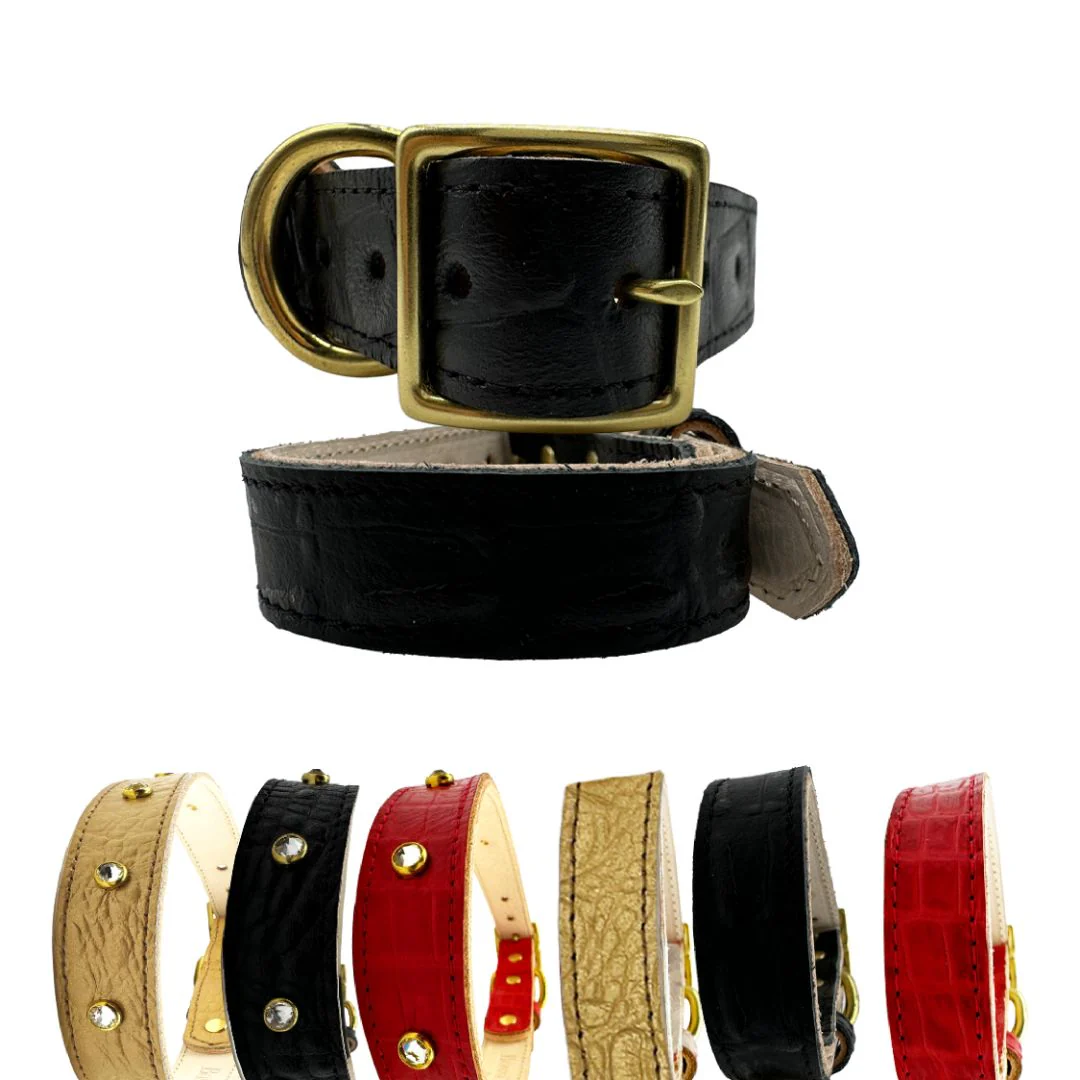 Croc Leather Dog Collar - No Crystal / Black / Small