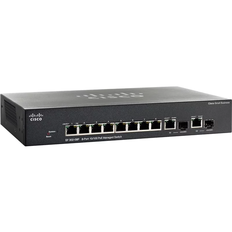 Cisco SF302-08P | Small Business 300 Series 8 x Ports PoE 10/100Base-TX + 2 x Combo SFP (mini-GBIC) Ports Layer 3 Managed 1U Rack-mountable Fast Ethernet Netwok