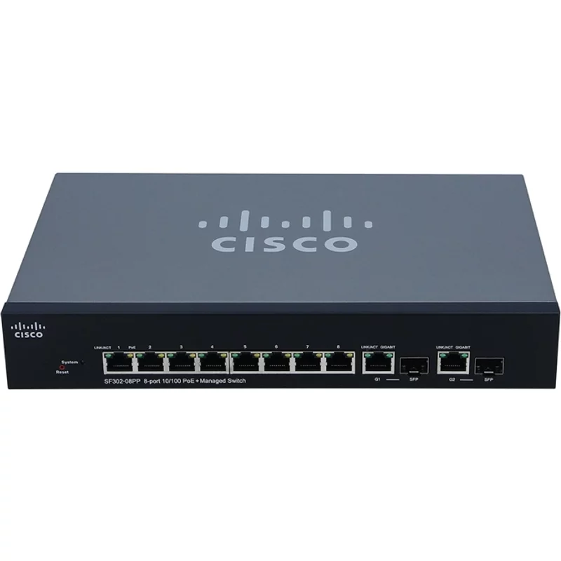 Cisco SF302-08PP | Small Business 300 Series 8 x Ports PoE+ 10/100Base-TX + 2 x Combo SFP (mini-GBIC) Ports Layer 3 Managed 1U Rack-mountable Fast Ethernet Netw