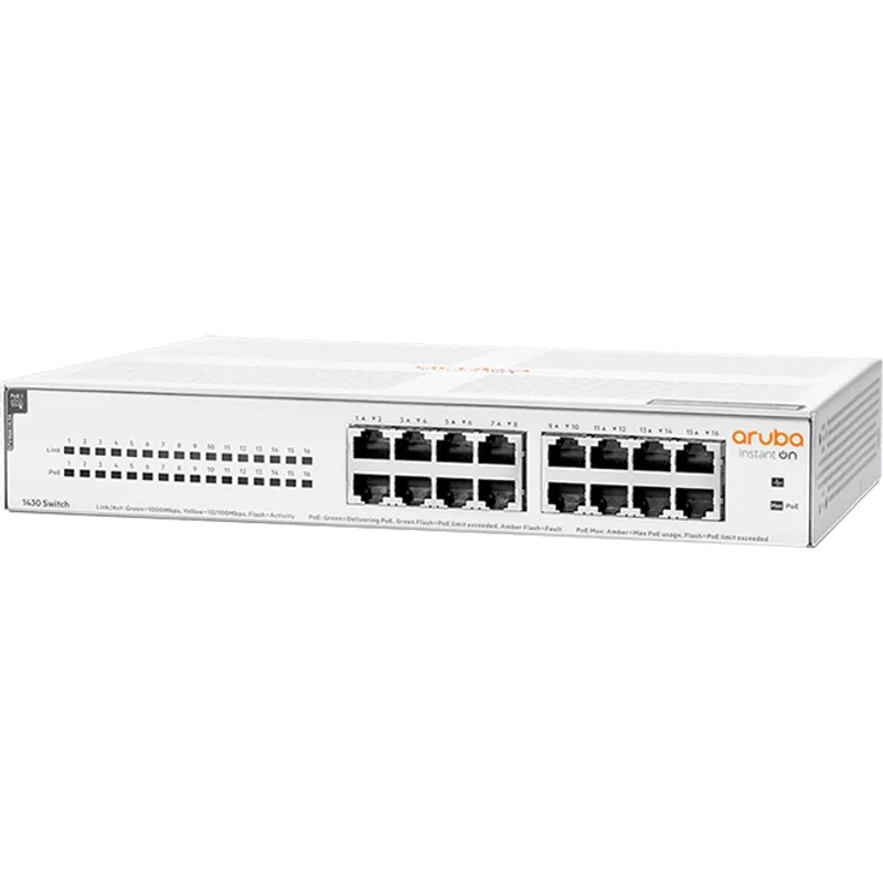HP R8R48-61001 | Aruba Instant On 1430 16G Class4 PoE 16 x 10/100/1000 PoE Rack-Mountable Layer 2 Unmanaged Gigabit Ethernet Network Switch — Équipement réseau