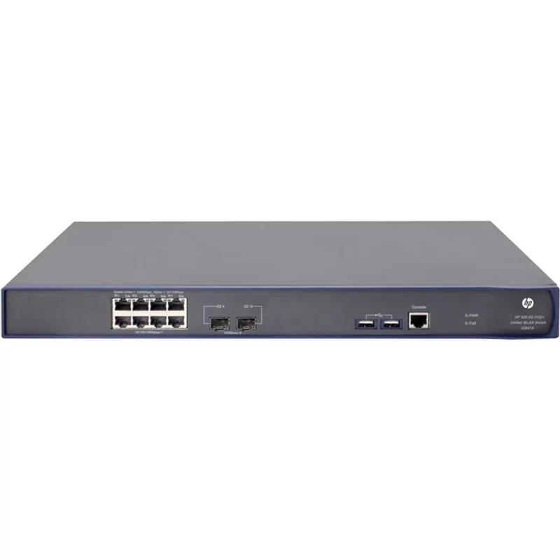 HP JG641A#ABA | 830 8-Port PoE+ 8 x Dual Personality RJ-45/SFP Ports PoE+ 1000Base-T + 2 x SFP Ports Layer 2 Managed 1U Rack-Mountable Gigabit Ethernet Network 