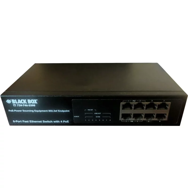 Black Box LPB208A-R2 | NIB-8-Port Unmanaged 10/100 Fast Ethernet Switch wih 4 PoE Ports — Networking Equipment