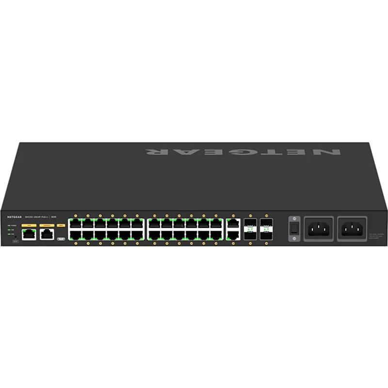 Netgear GSM4230UP-100PRS | M4250 Series M4250-26G4F-PoE++ 24 x RJ-45 Ports PoE+ 1000Base-T + 2 x RJ-45 Ports + 4 x SFP Ports Layer 3 Managed 1U Rack-mountable G