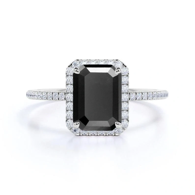Buy Emerald Cut Black Diamond Halo Engagement Rings With Accent - 10K Yellow Gold — Engagement Rings