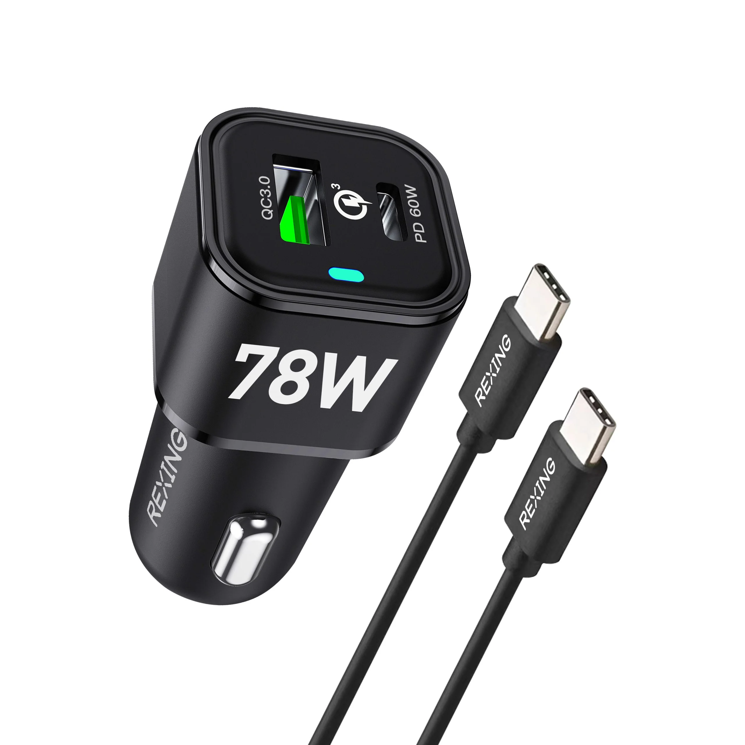REXING Jetspeed Black 78W PowerDelivery+ USB-C/USB Car Charger with Cables