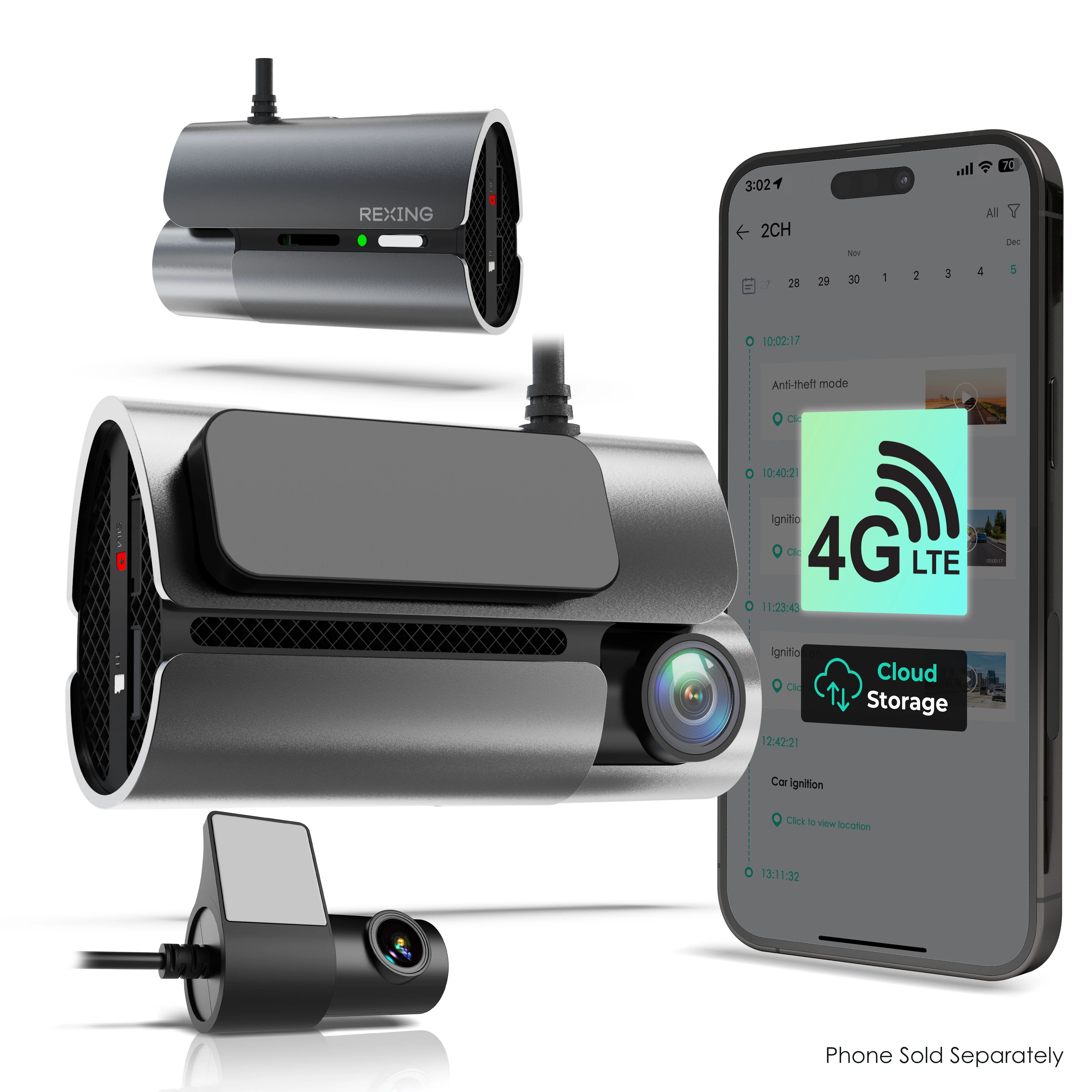 Rexing 4G LTE 2-Channel Dash Cam with GPS – 2.5K Front + 1080p Rear | Real-Time Remote Access & Alerts — Dash Cameras