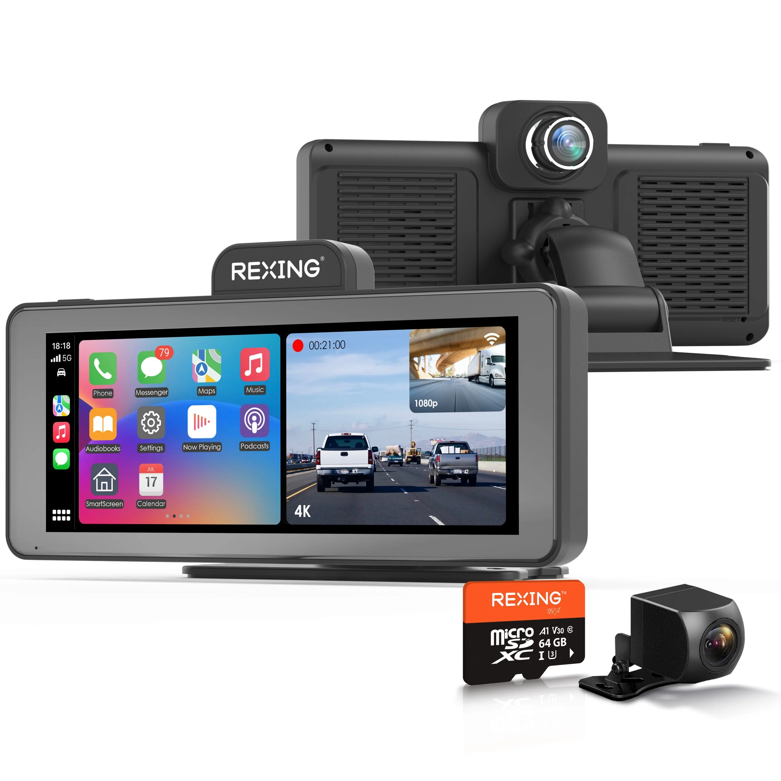 Rexing CP DUO 686 Wireless Apple CarPlay & Android Auto Display with 4K Dash Cam (Open Box) — Caméras de tableau de bord