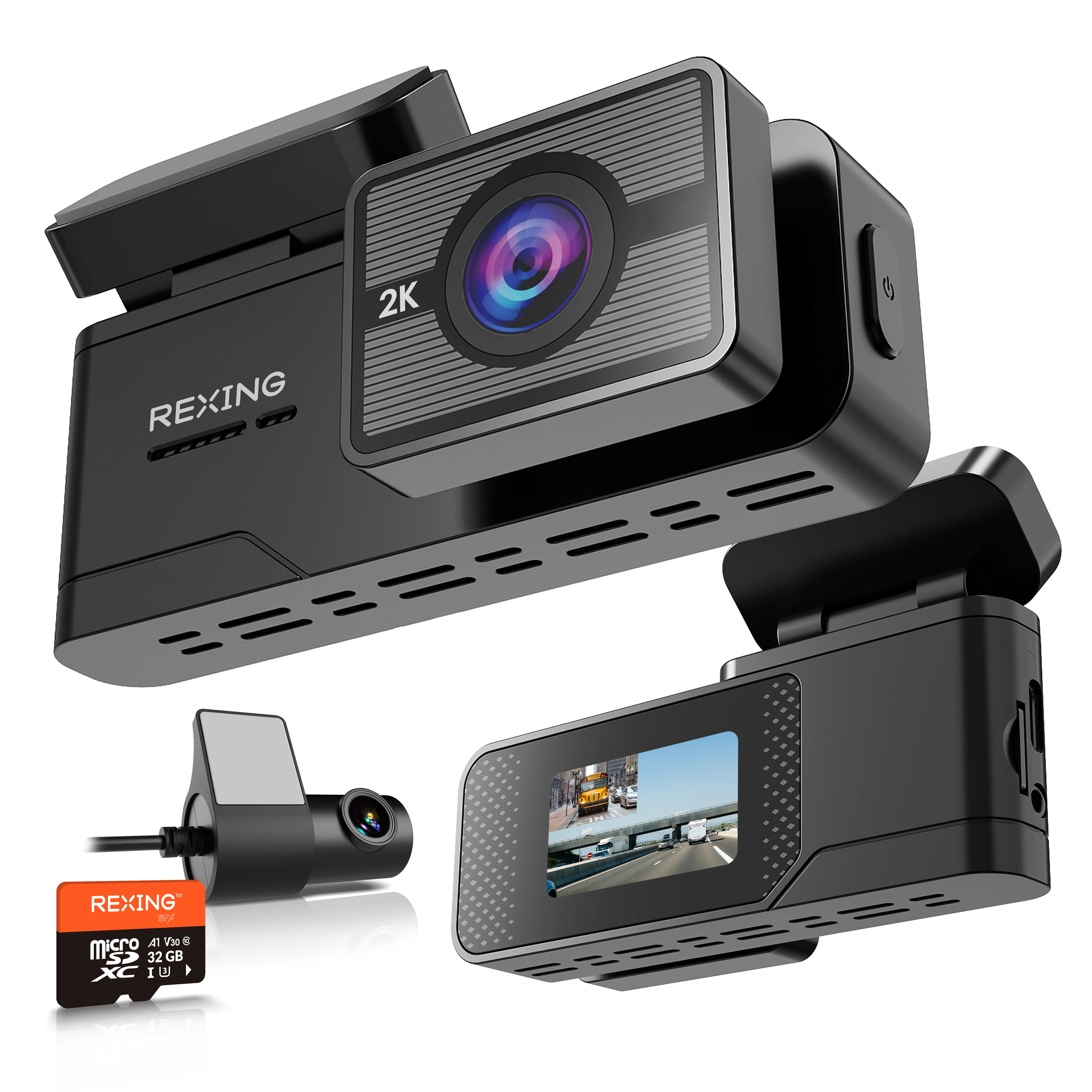 Rexing – C2 – 2K Front + 1080p Rear Dash Cam with Wi-Fi – Black — Dash Cameras