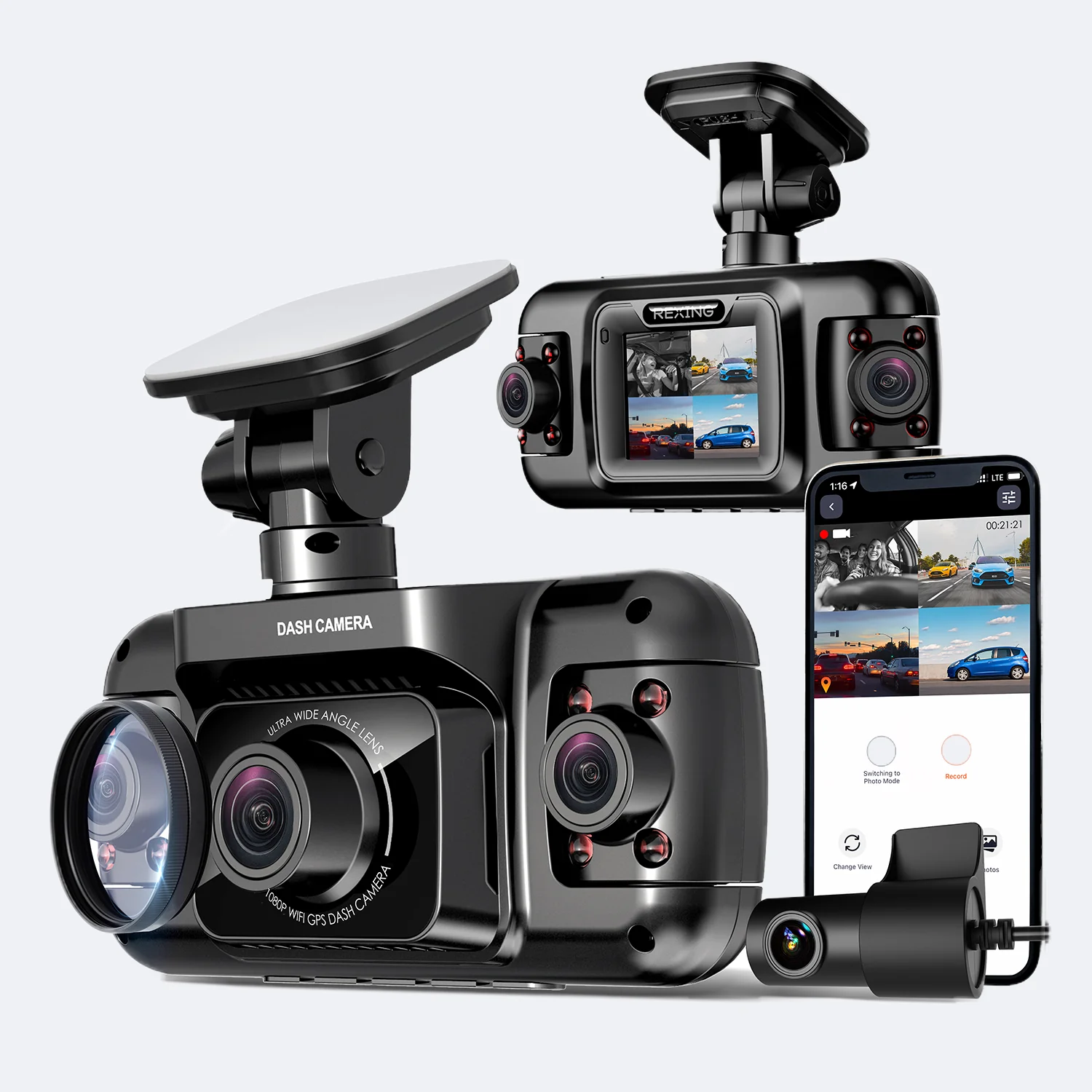 Rexing 4CH Dash Cam w/ All 1080p, Wi-Fi, GPS, Loop Recording, G-Sensor, Dual Mount, Smart Hardwire kit and 64GB Card Included — Dash Cameras