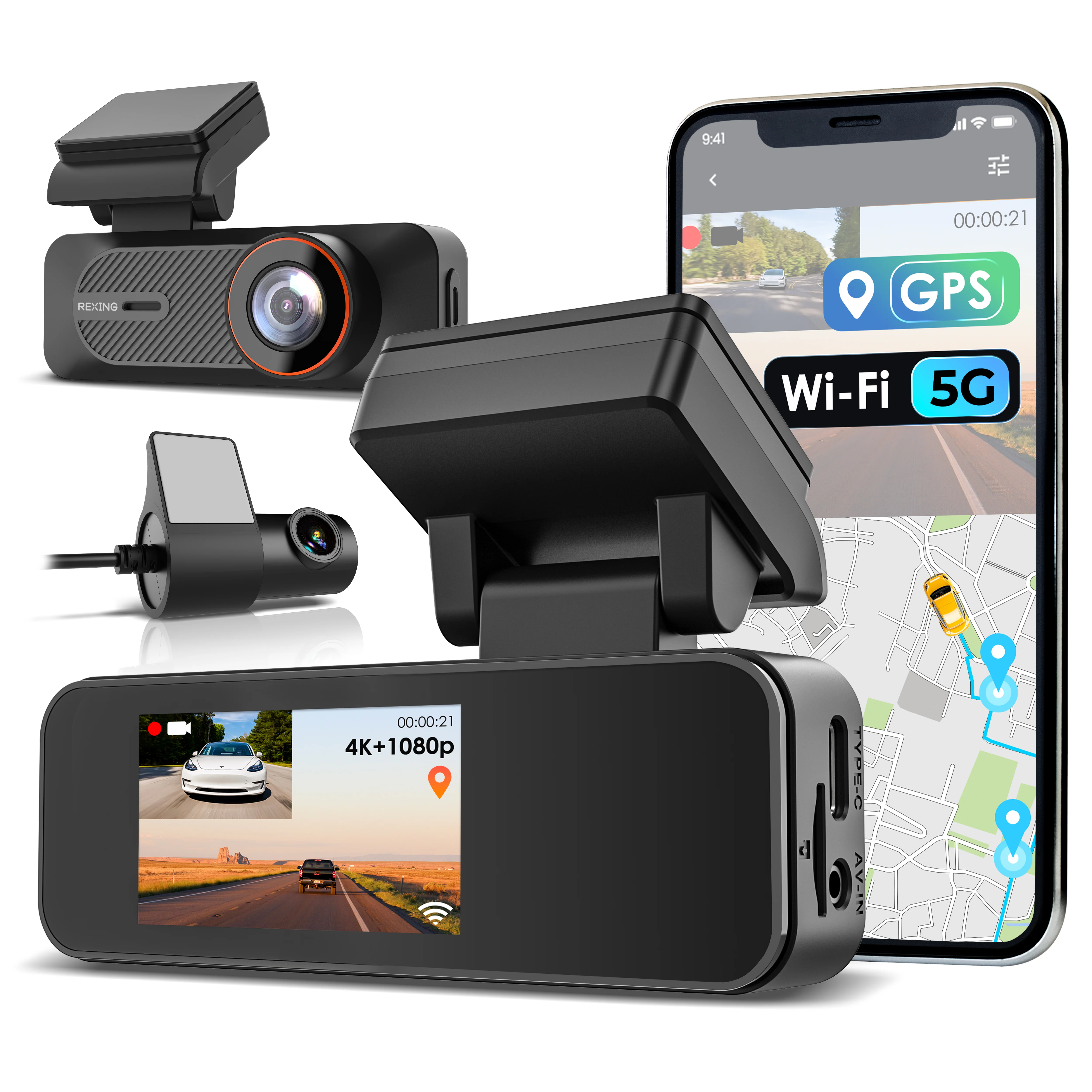 Rexing F30 4K+1080P Dual Dash Cam Front and Rear, Built-in GPS Mount, 5G Wi-Fi, App Control, Parking Monitor, Collision Detection