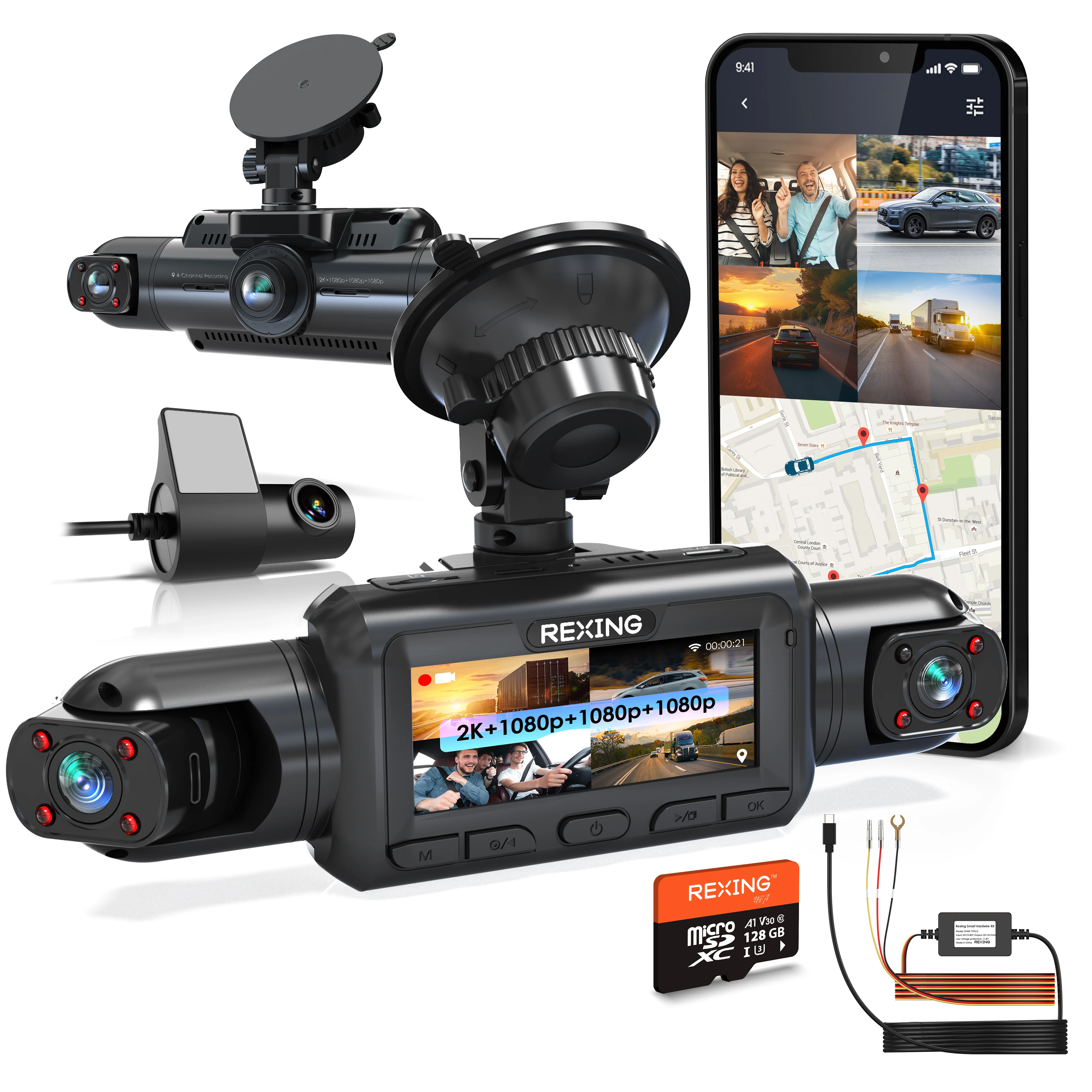 Rexing R4 Pro 2K Front + 1080p*3 4CH Dash Cam, WiFi, GPS, Loop Recording, Parking Mode, G-Sensor
