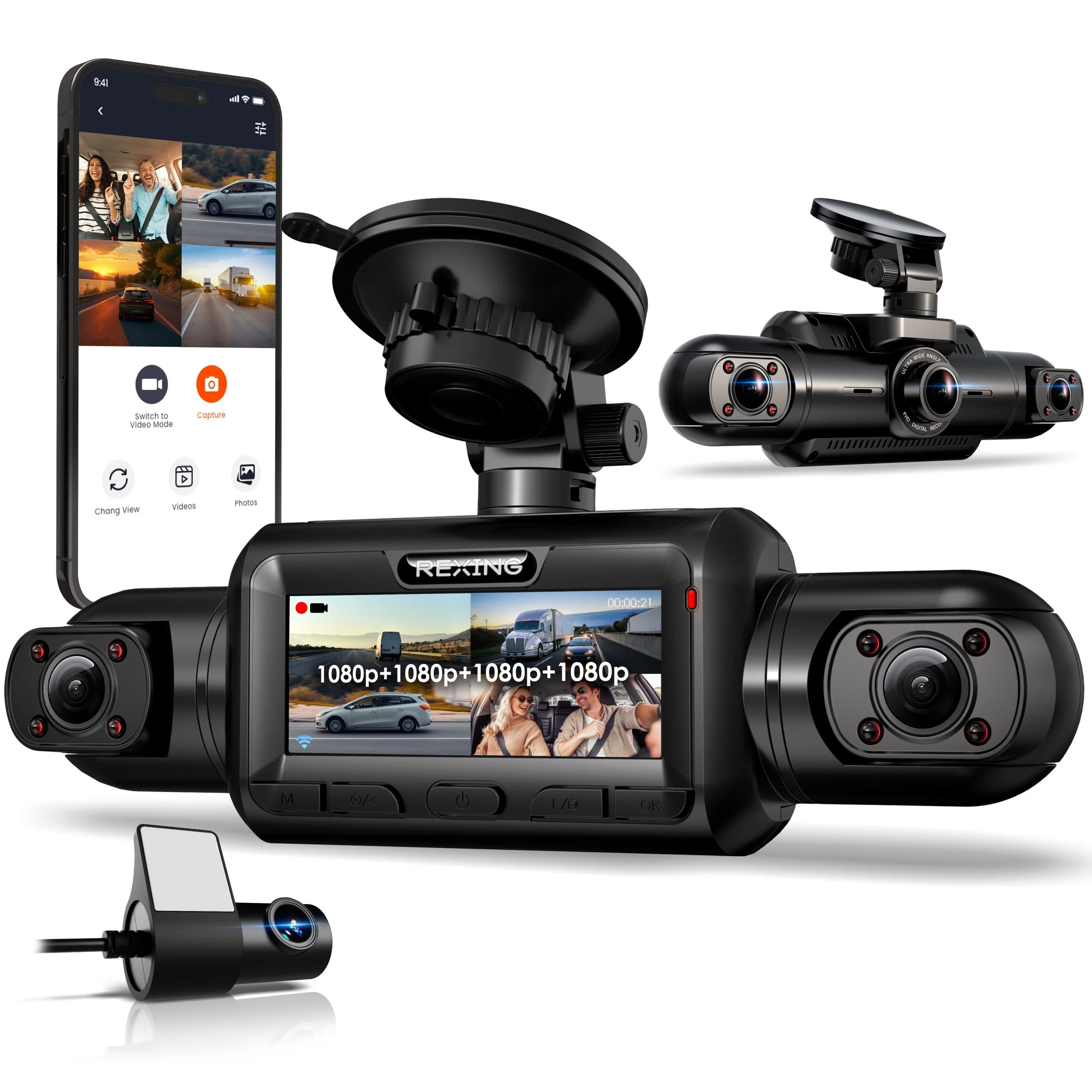 Rexing L4 Series 4-Channel Dash Cams with Ultra-Wide Angle, Wi-Fi, Night Vision, and GPS, App Control, Loop Recording, Collision Sensor — Dash Cameras