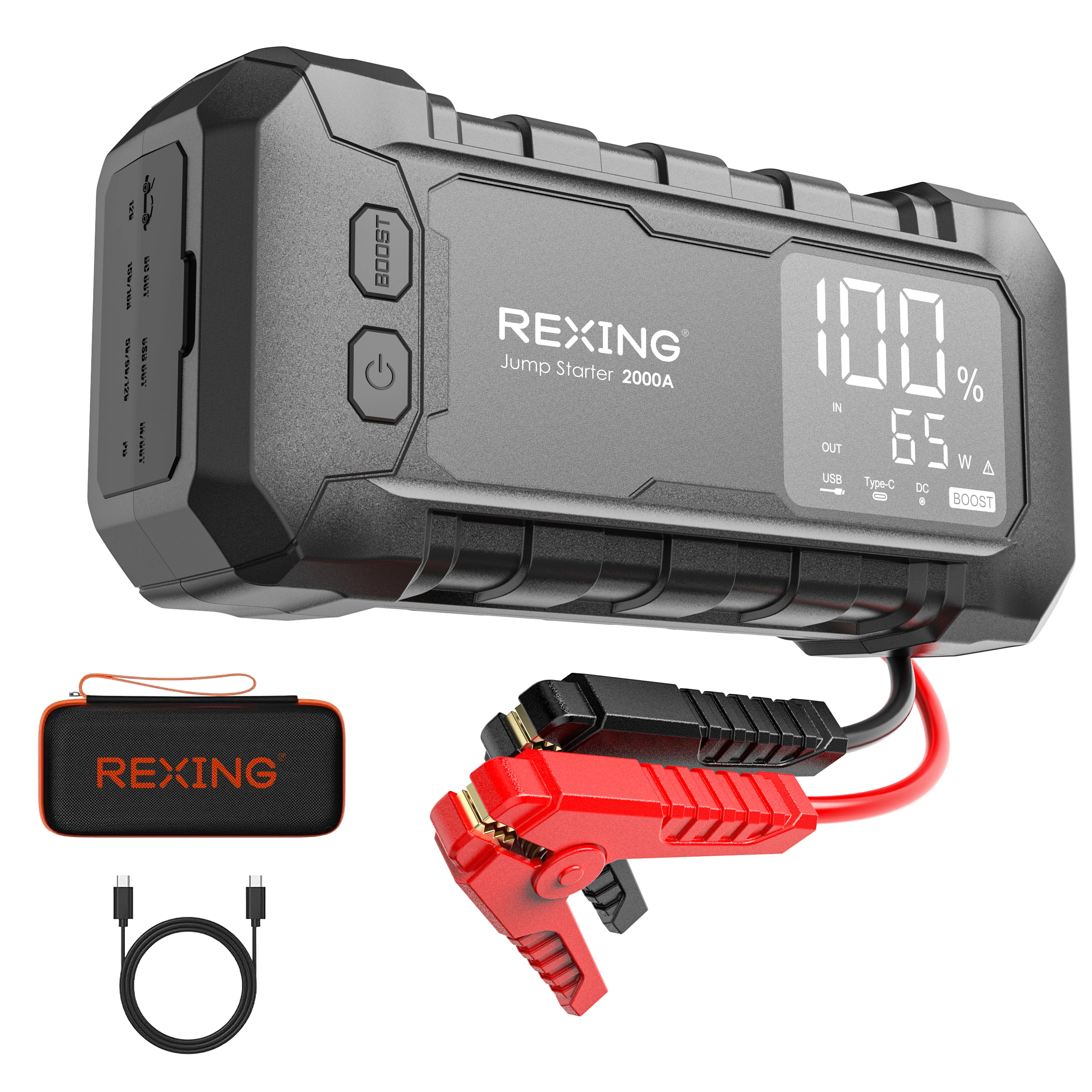 Rexing 2000A Jump Starter, 12V Car Battery Booster with 65W Quick Charger, LED Display, 16000mAh Portable Battery Pack for 7L Gas/6L Diesel Engines wi — Dash Ca