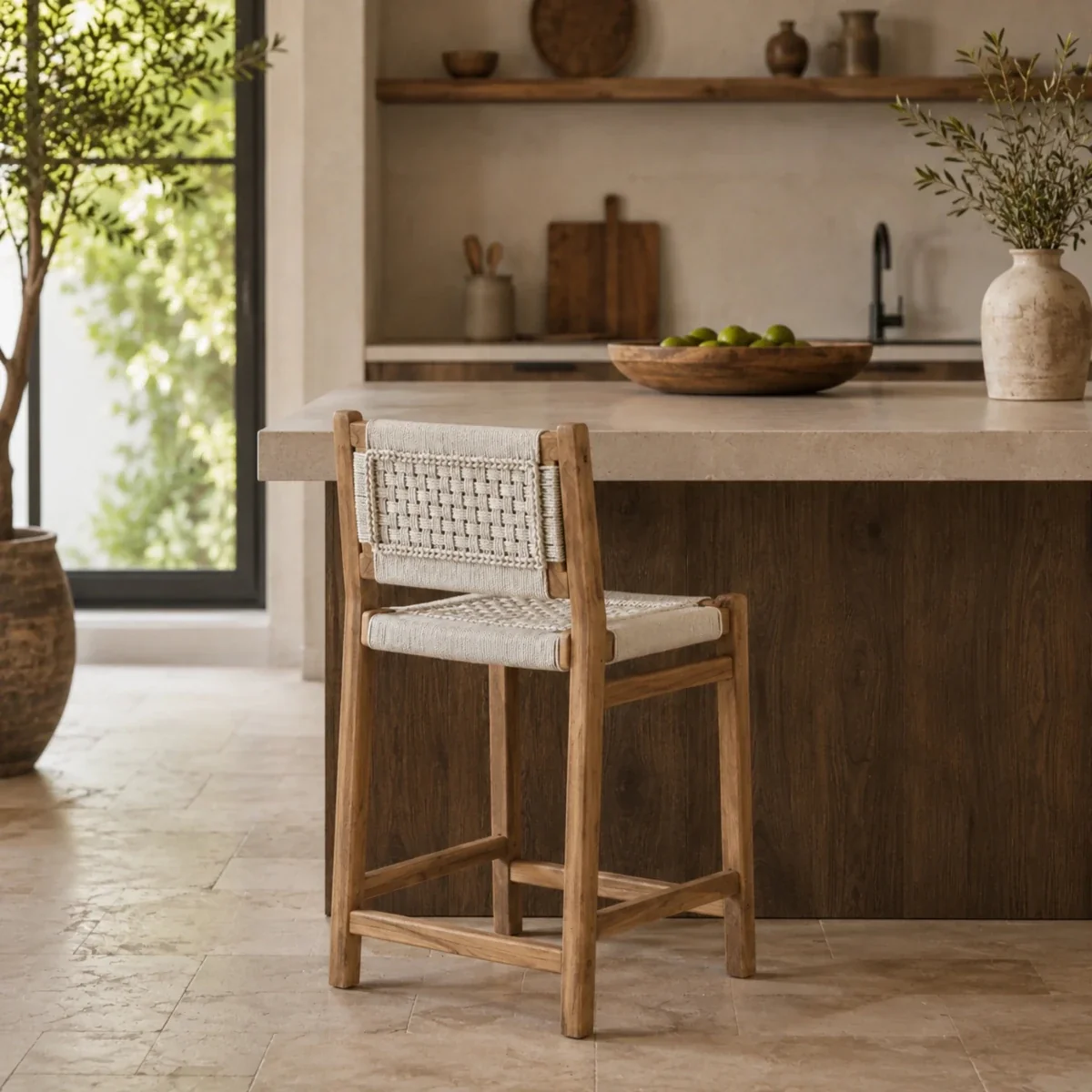 Reclaimed Teak Wood Counter Rope Chair - Set of 1