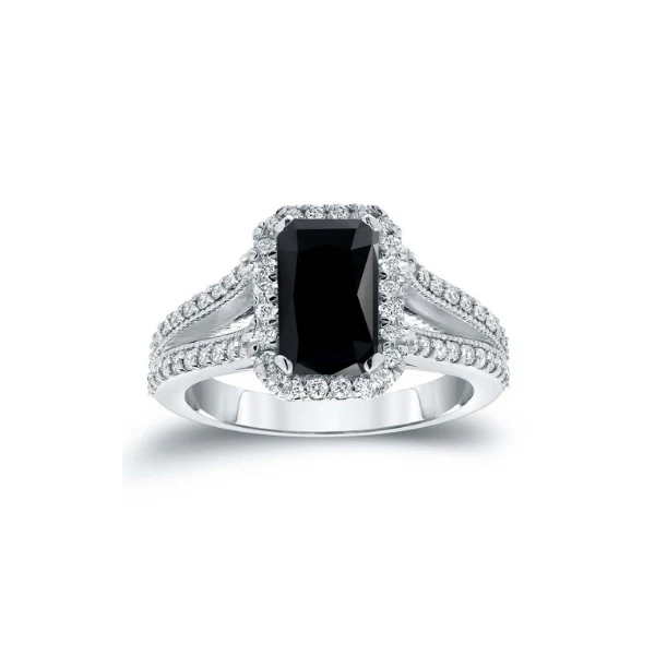 3.62 Carat Radiant Shape Diamond Black Diamond Halo Ring - 10K Yellow Gold — Stackable Rings