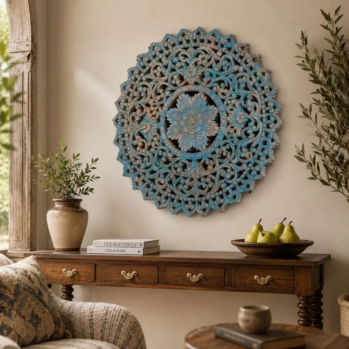 Hand Carved Mandala Wall Panel - 24 X 24 X 2 inch