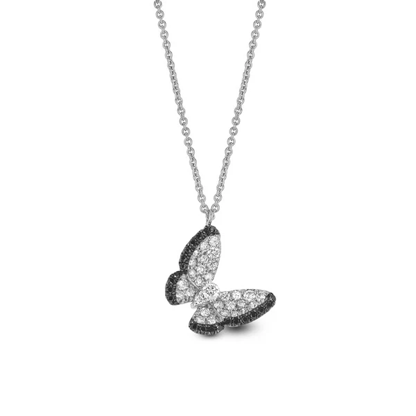Pendentif papillon diamant taille ronde 1,43 ct avec diamants noirs et blancs - Or jaune 10 carats — Collier pendentif