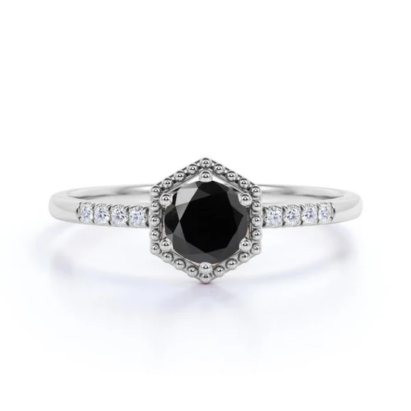 2 Ct Wt 6 Prong Black Diamond Ring With Site Accent - 10K Yellow Gold — Stackable Rings