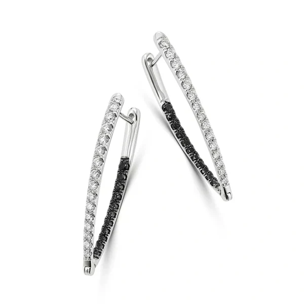 GemoneDiamonds Boucles d'oreilles créoles en diamant noir et blanc taille ronde 0,70 ct en or jaune 10 carats — Boucles d'oreilles créoles