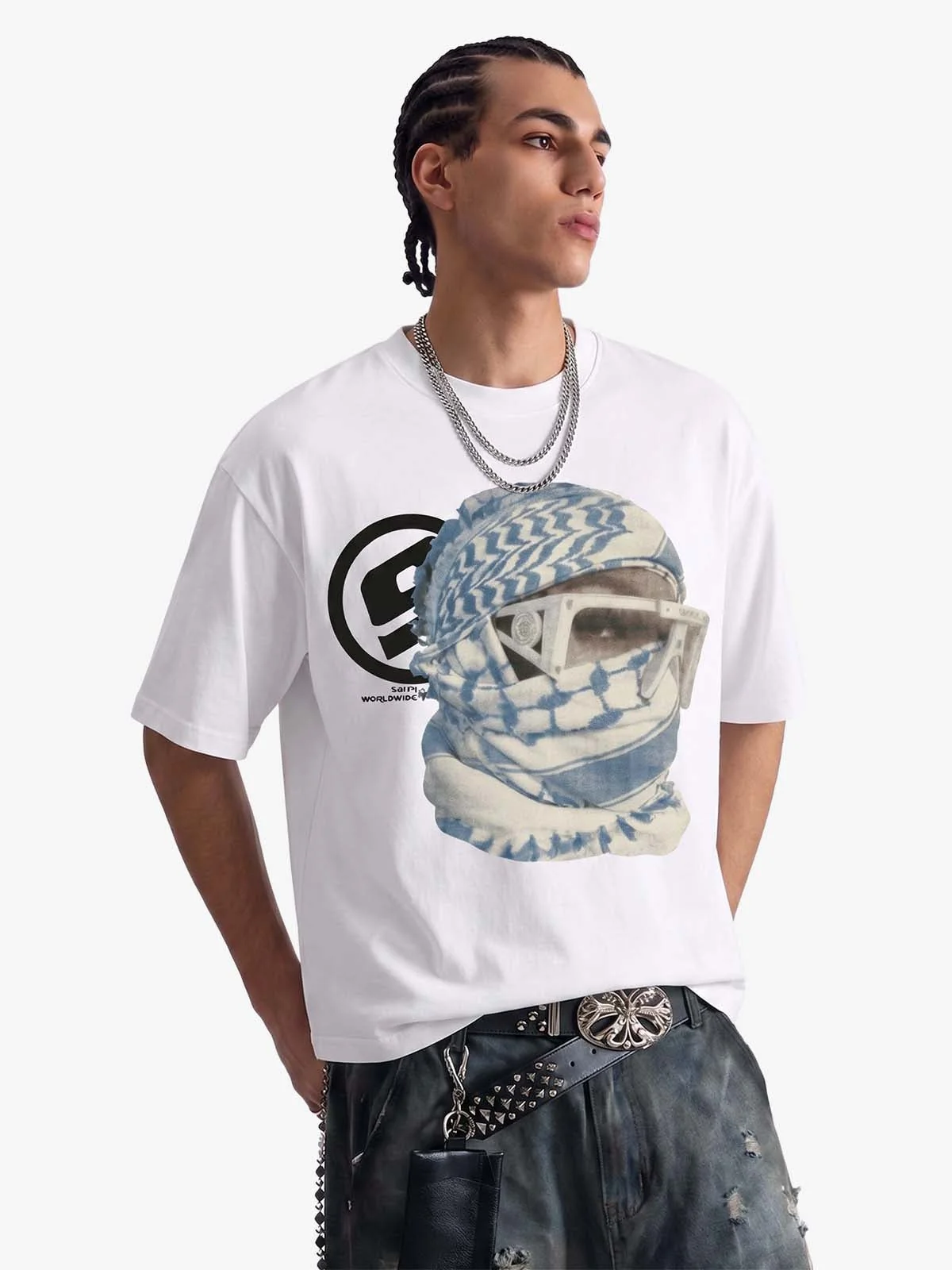 Masked Portrait Graphic T-Shirt - White / M