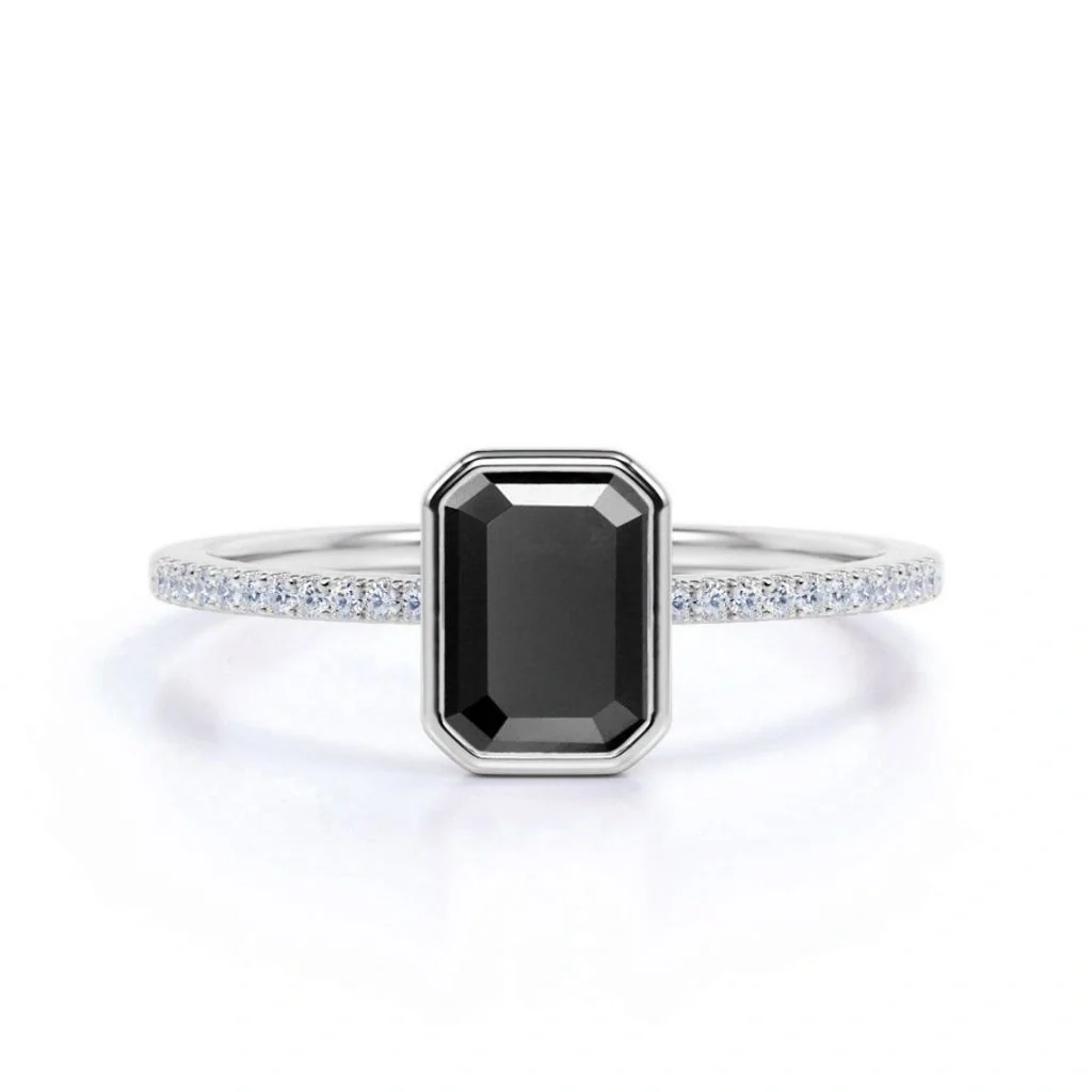 1.22 CT Emerald Cut Bezel Setting Solitaire Black Diamond Ring - 10K Yellow Gold — Stackable Rings