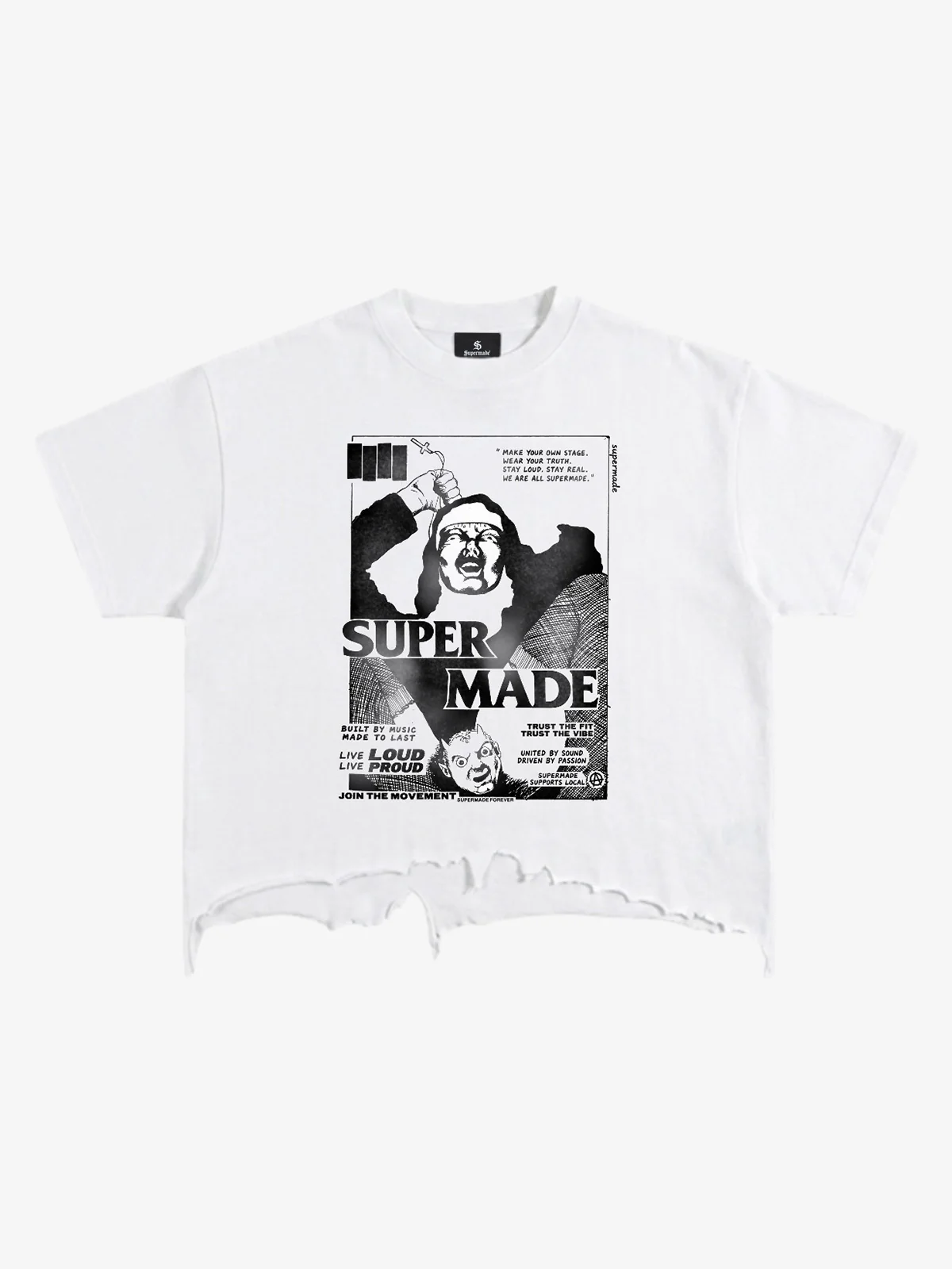 Distressed Hem T-Shirt with Vintage Rock Graphic - Brushed White / M