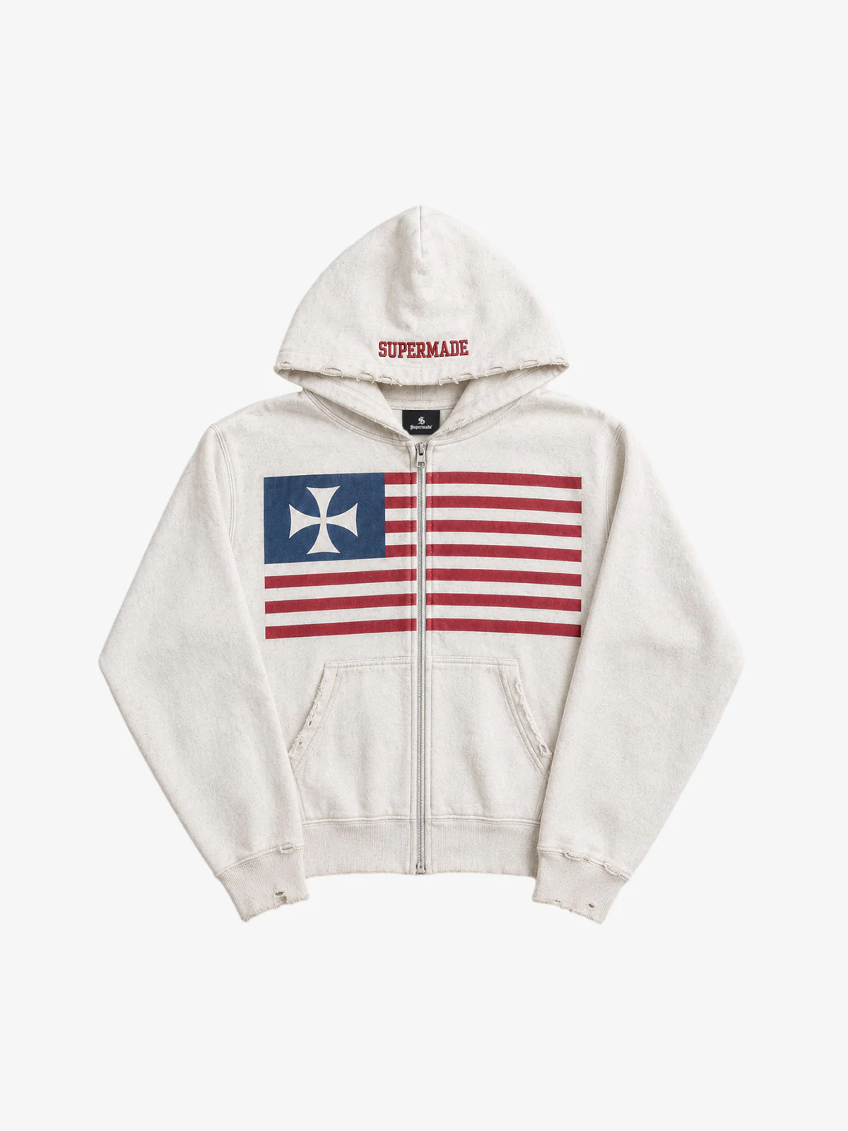 Cropped Flag Zip Hoodie - Terry Wash White / M