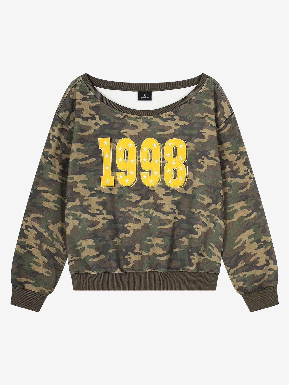 Camo Print '1998' Off-Shoulder Sweatshirt - Classic Camouflage / S