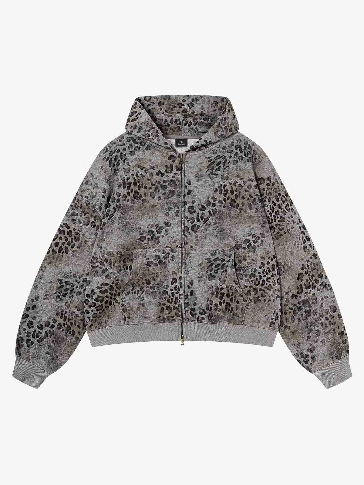 Streetwear Leopard Print Boxy Fit Zip Hoodie - Gray / S — Chandails en coton ouaté pour hommes