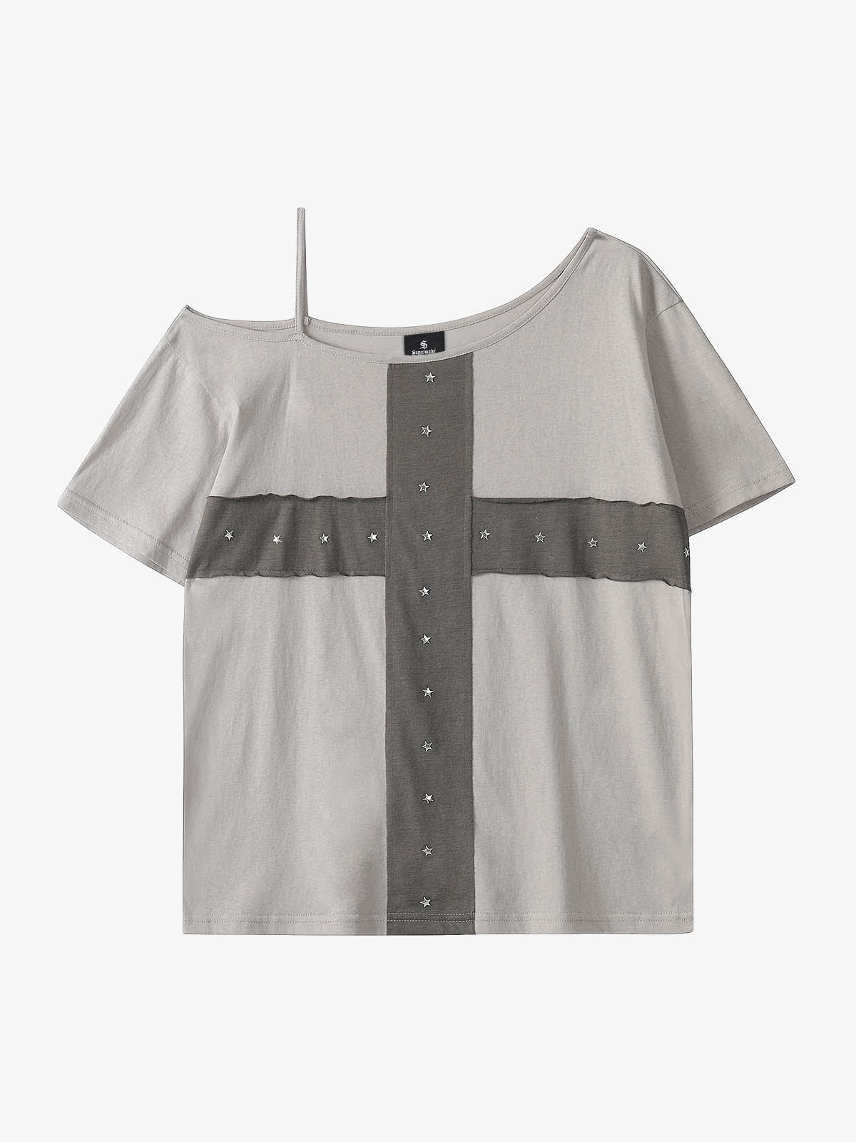 Cross Applique Off-Shoulder T-Shirt - Gray / S