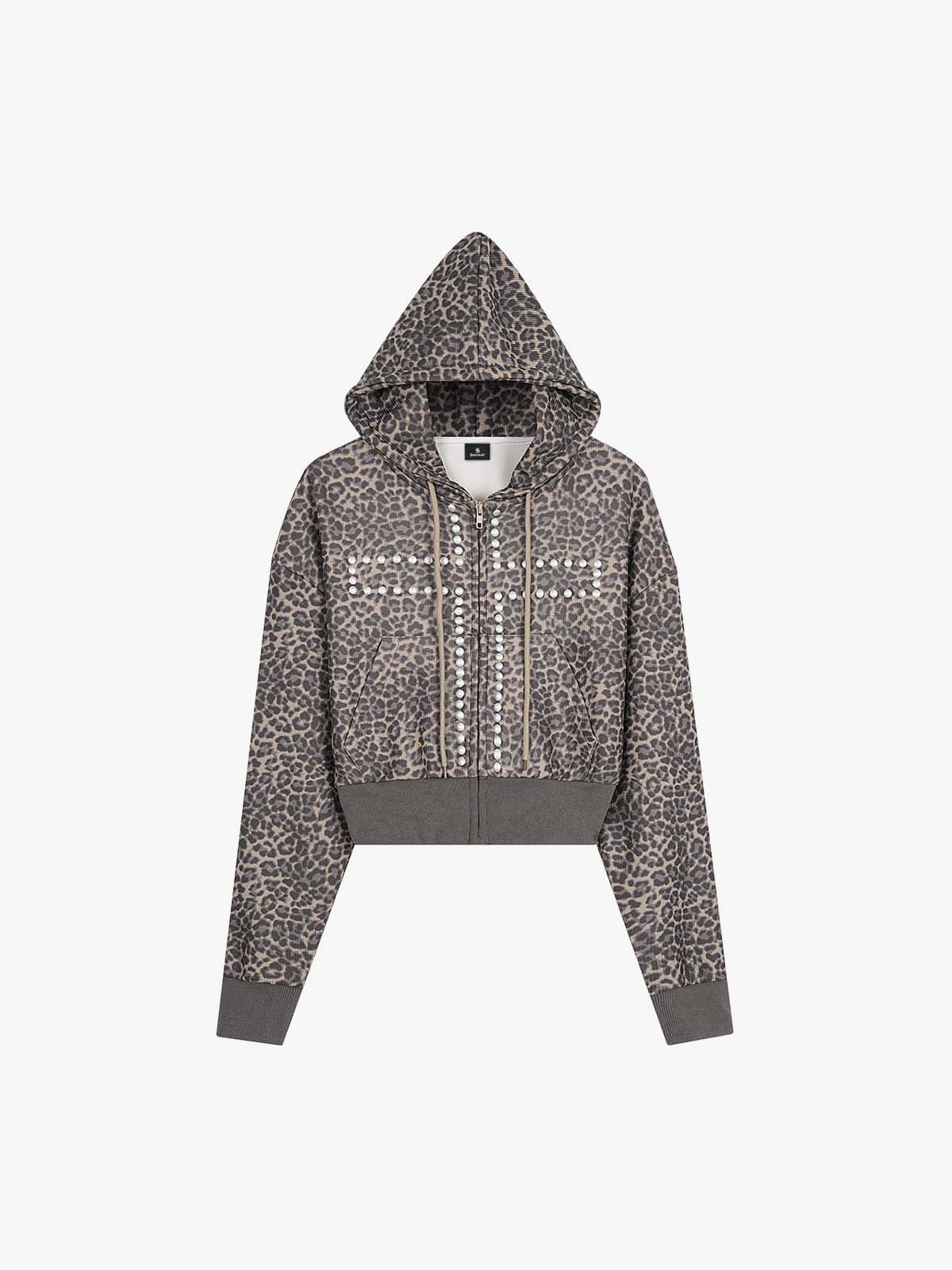 Leopard Print Stud Detail Cropped Zip-Up Hoodie - Leopard / S