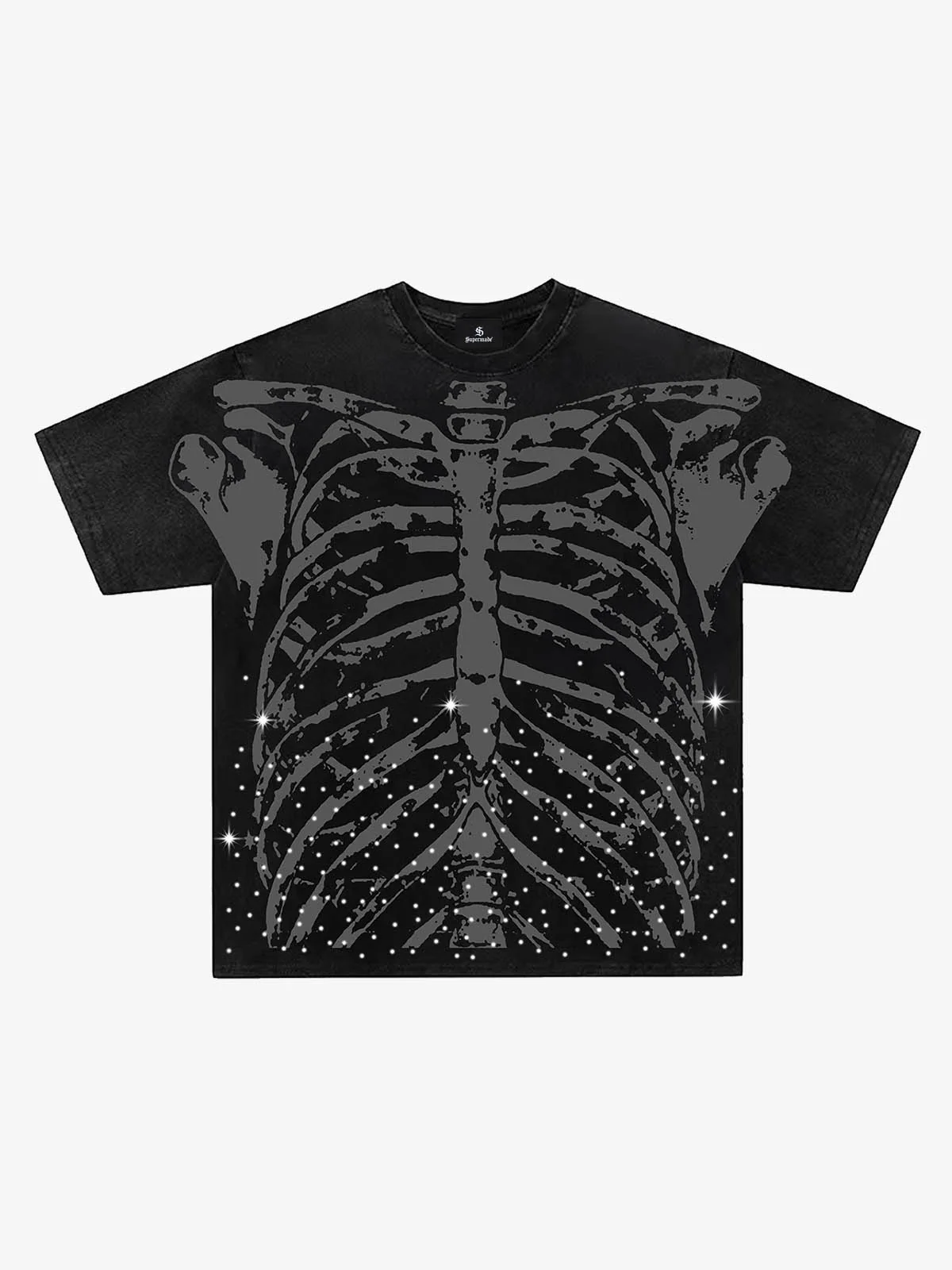 Skull Graphic Rhinestone Distressed T-Shirt - Black / S