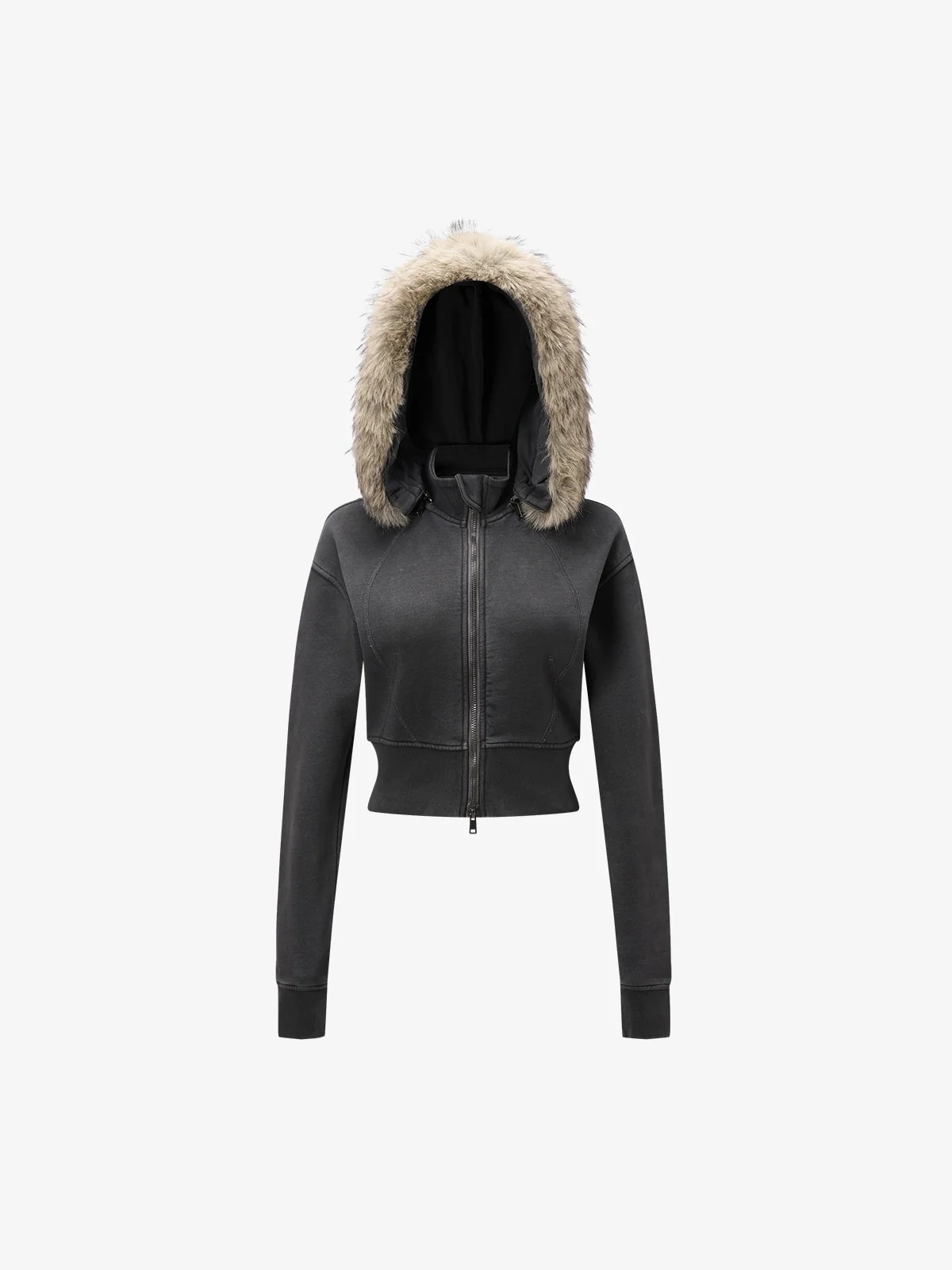 Distressed Faux Fur Slim Zip-Up Hoodie - Dark Gray / M