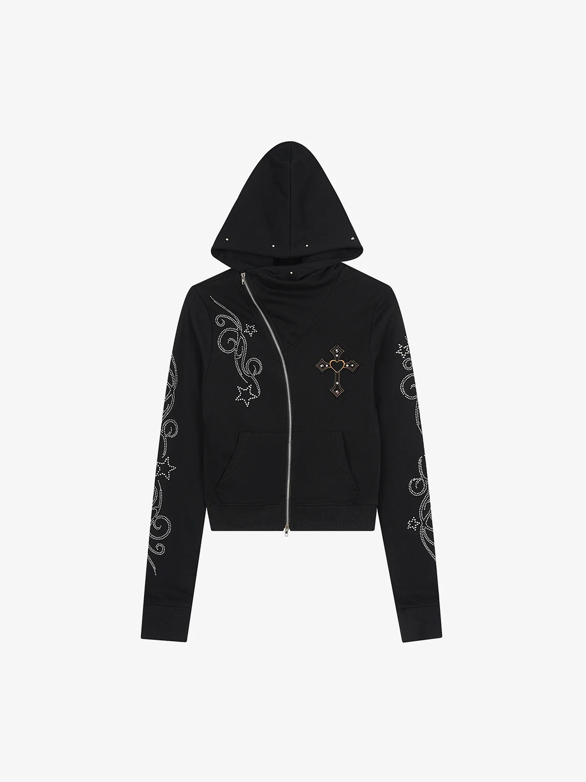 Rhinestone Asymmetrical Placket Zip-Up Hoodie - Black / S