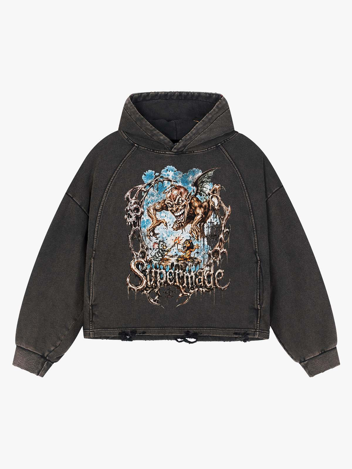Demon Graphic Cropped Hoodie - Washed Black Gold / M