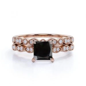 GemoneDiamonds Ensemble de mariée diamant noir et blanc taille princesse 1,45 carat en or jaune 10 carats